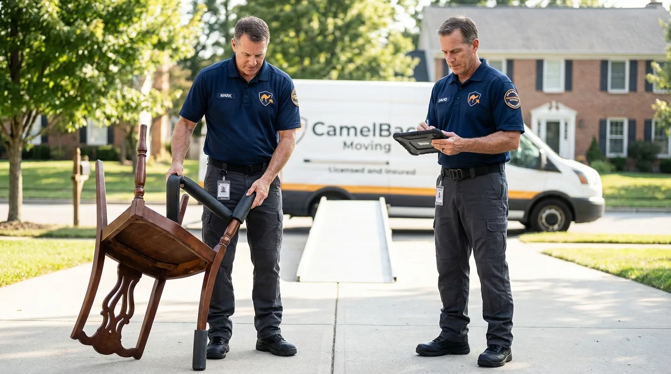 Movers inspecting furniture for damage prevention before loading in Williams, OR
